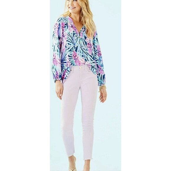 Lilly Pulitzer Silk blue tweet hearts Elsa Top Holy Grail Small - Picture 1 of 8